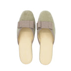 Pantofole aperte donna velluto grigio con fiocco, zeppa 3 cm