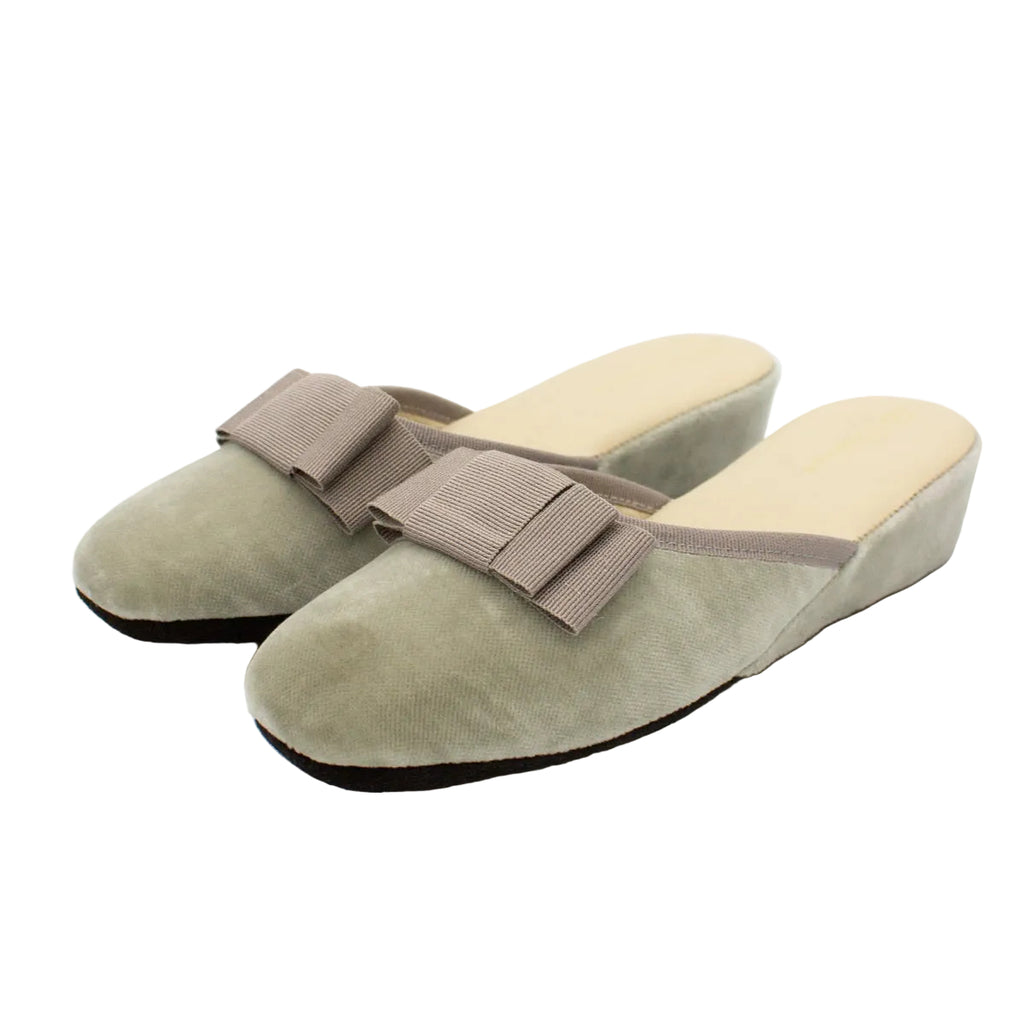 Pantofole aperte donna velluto grigio con fiocco, zeppa 3 cm