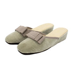 Pantofole aperte donna velluto grigio con fiocco, zeppa 3 cm
