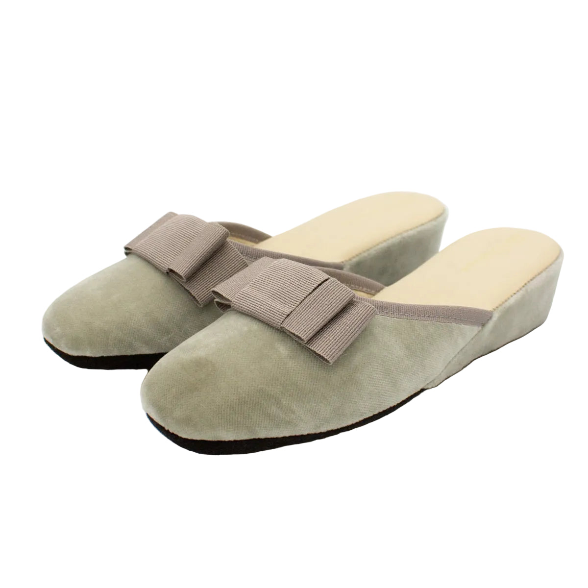 Pantofole aperte donna velluto grigio con fiocco, zeppa 3 cm