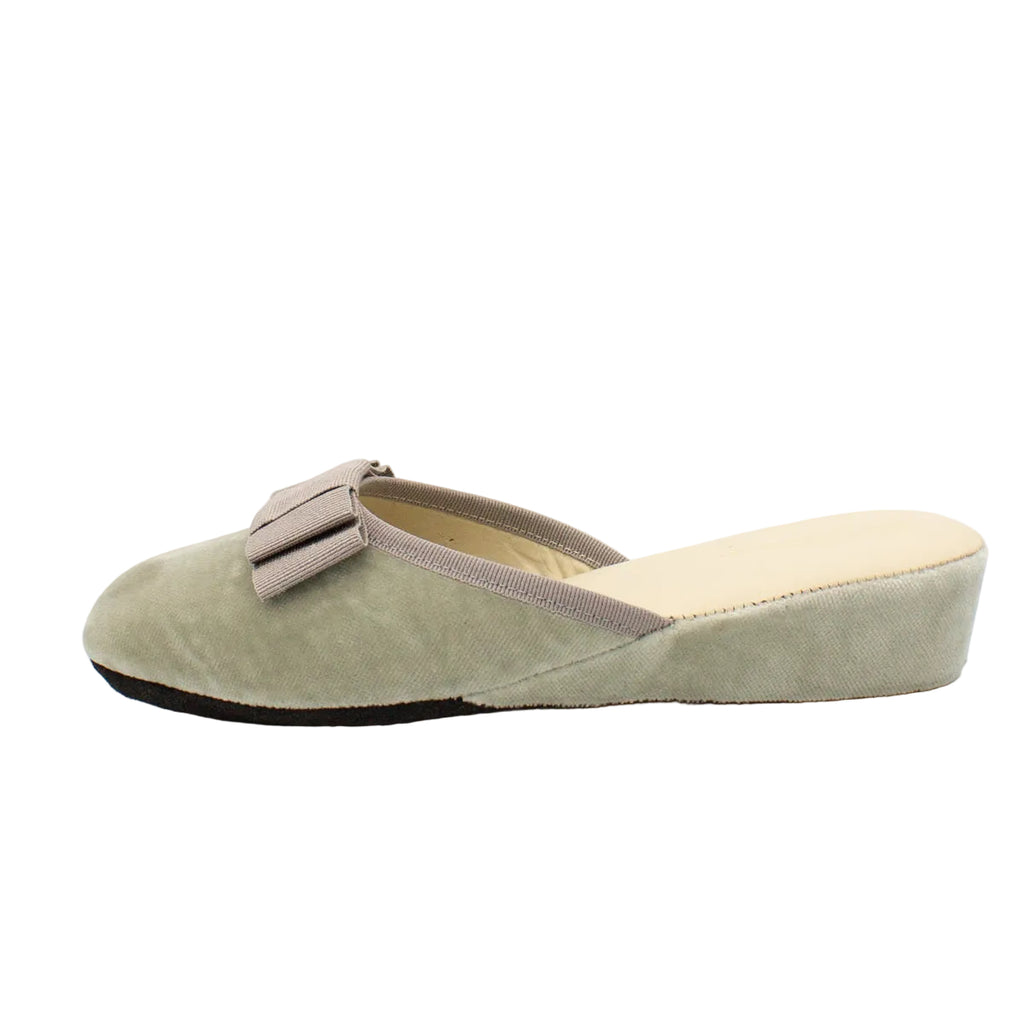 Pantofole aperte donna velluto grigio con fiocco, zeppa 3 cm