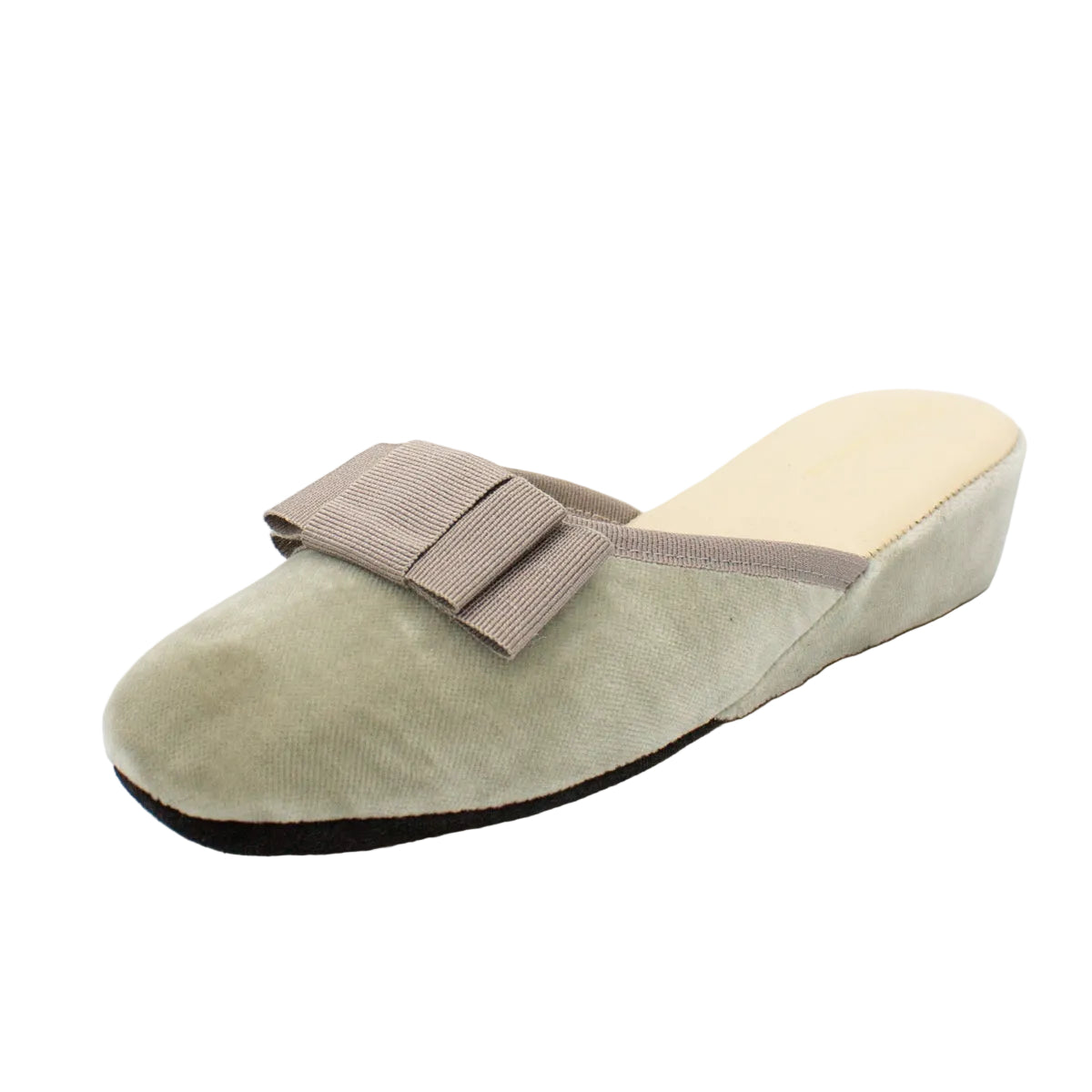 Pantofole aperte donna velluto grigio con fiocco, zeppa 3 cm