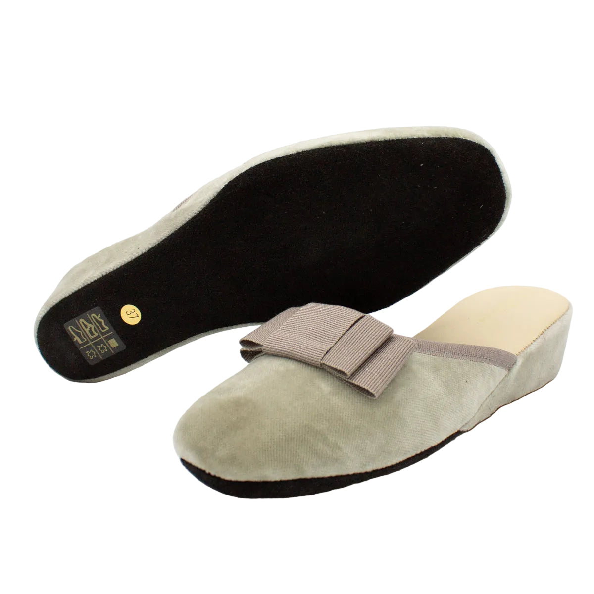 Pantofole aperte donna velluto grigio con fiocco, zeppa 3 cm