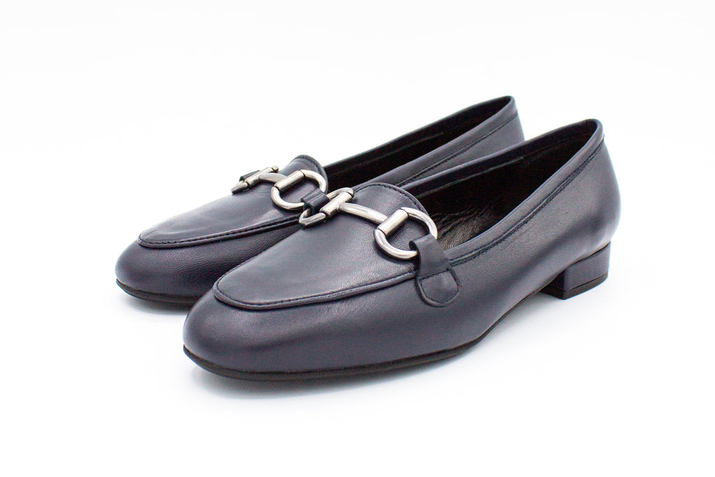 Blue leather loafers with buckle
