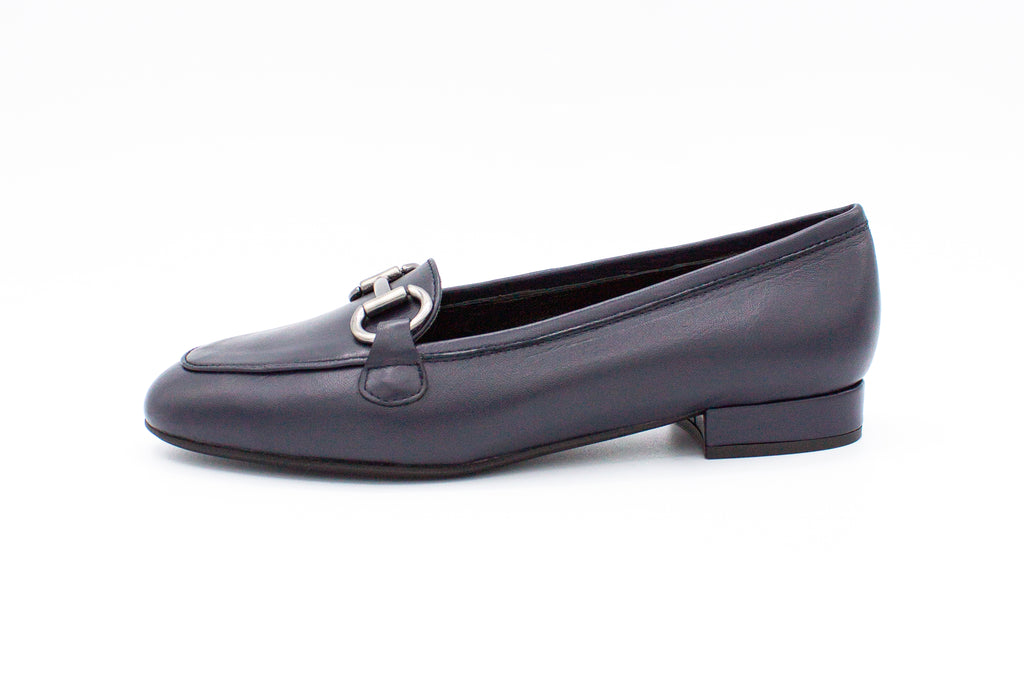 Blue leather loafers with buckle