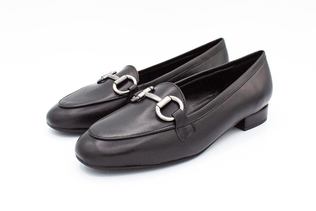 Black leather loafers with buckle