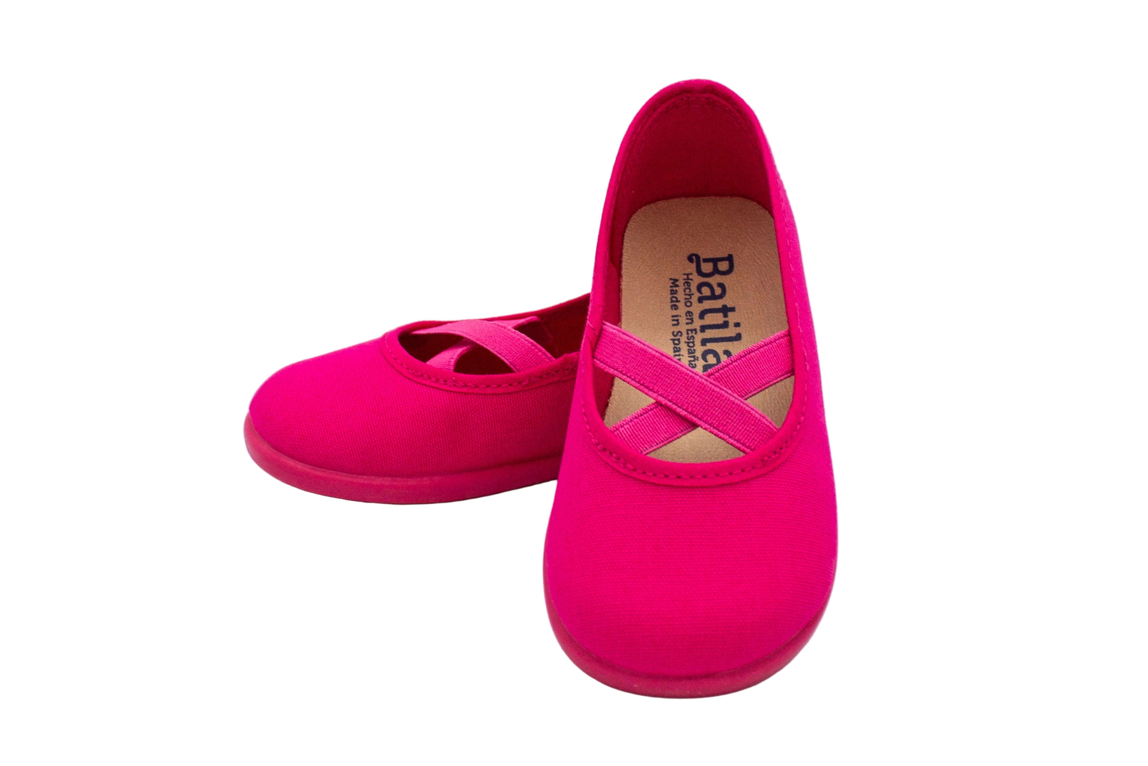 Cotton ballet flats with fuchsia crisscross elastic