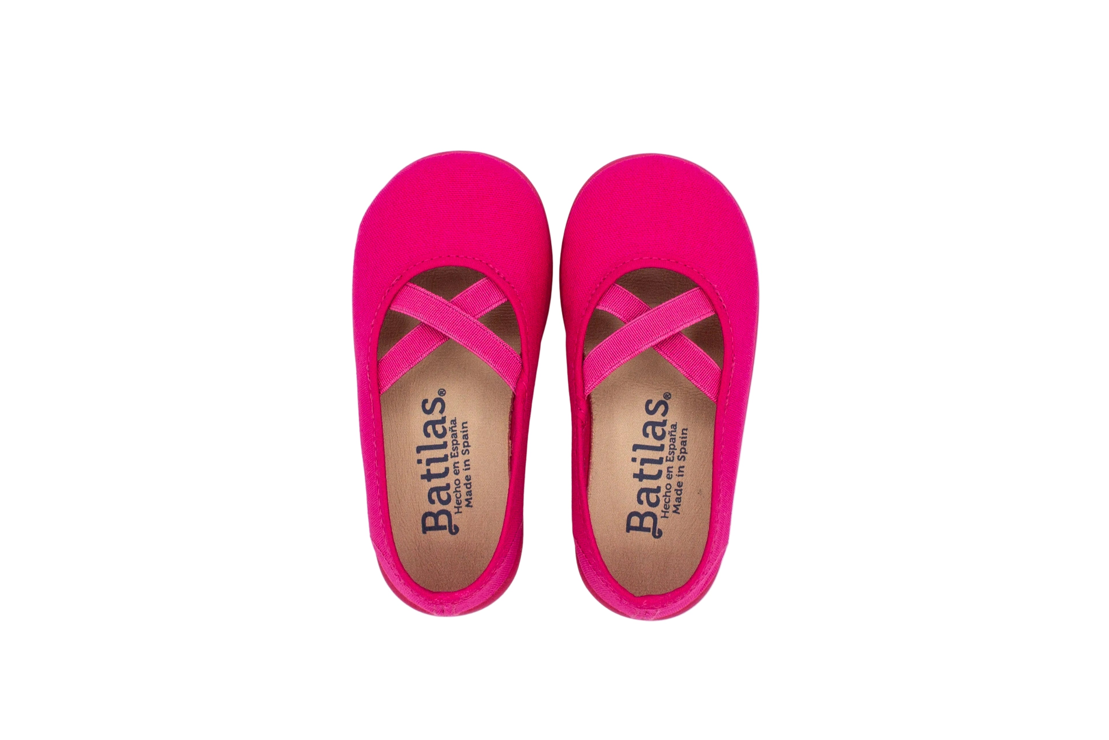 Cotton ballet flats with fuchsia crisscross elastic