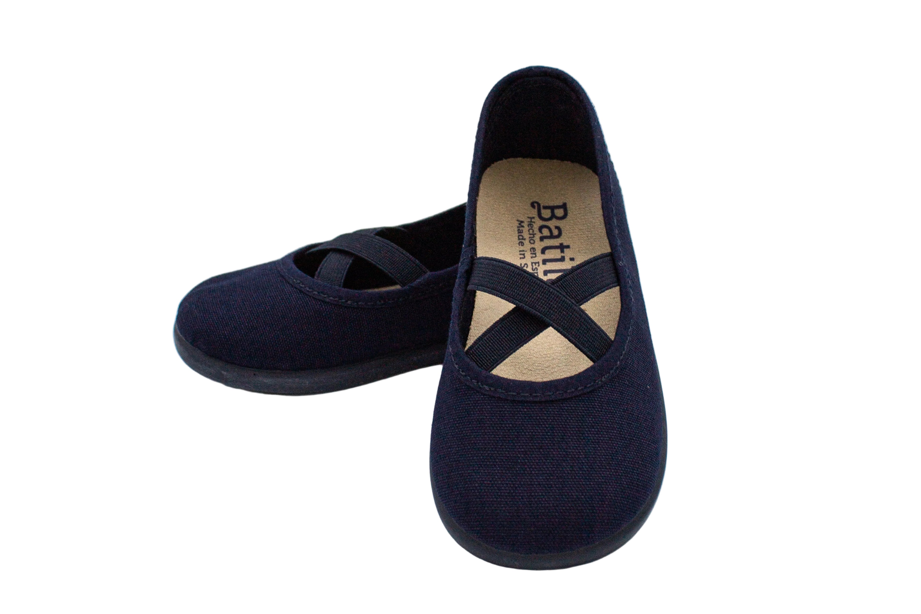 Cotton ballet flats with blue crisscross elastic