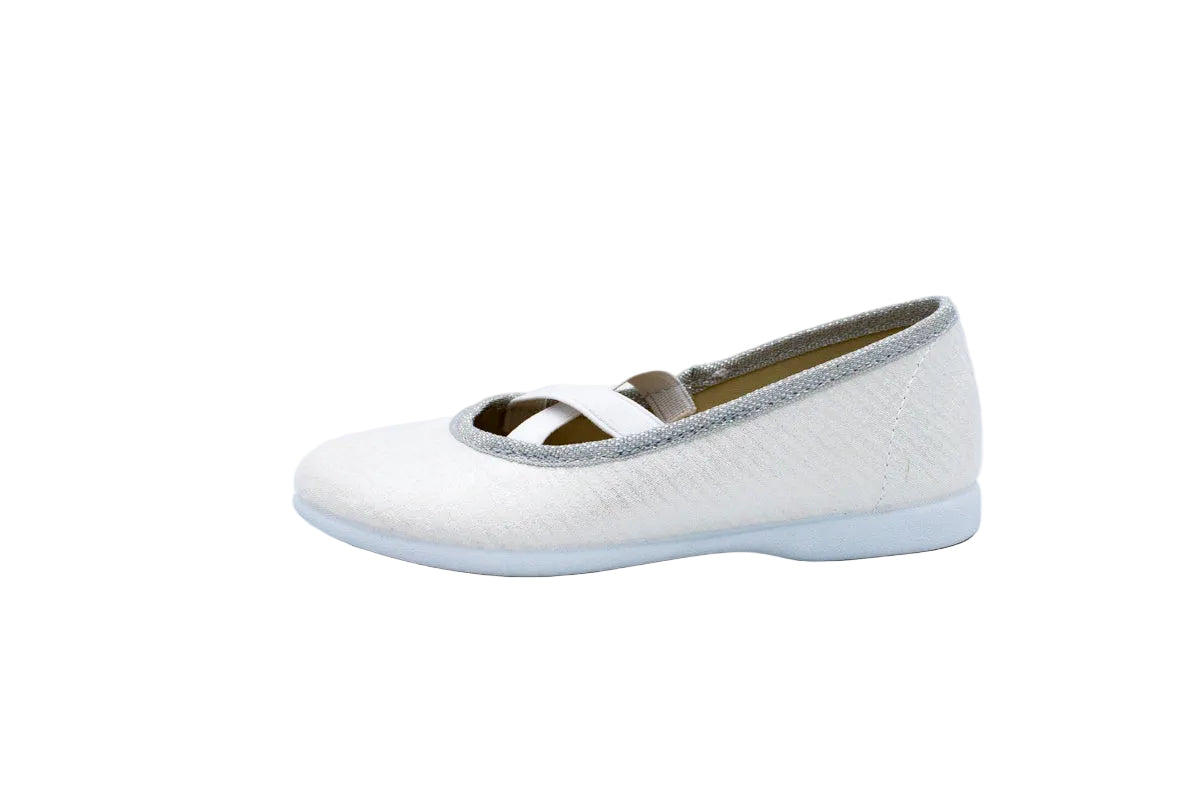 Ballerine in cotone con elastico incrociato bianco argento
