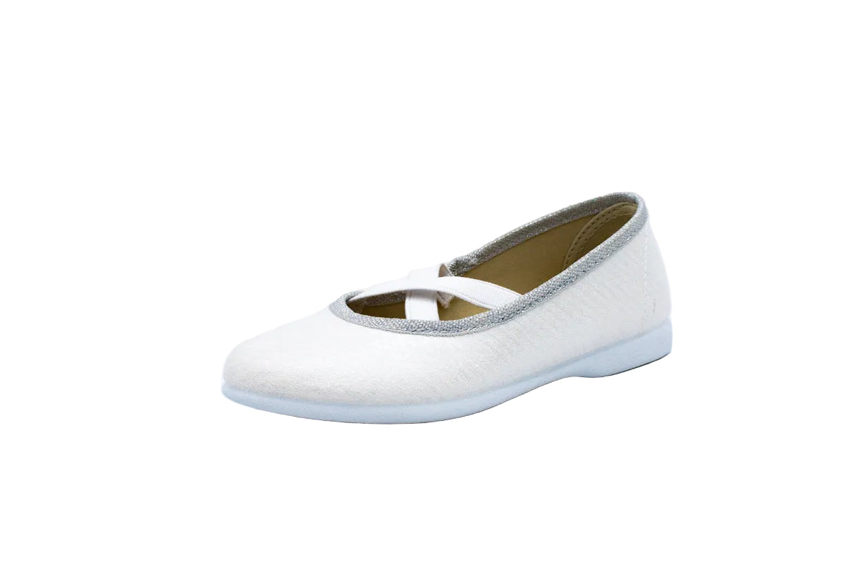 Ballerine in cotone con elastico incrociato bianco argento