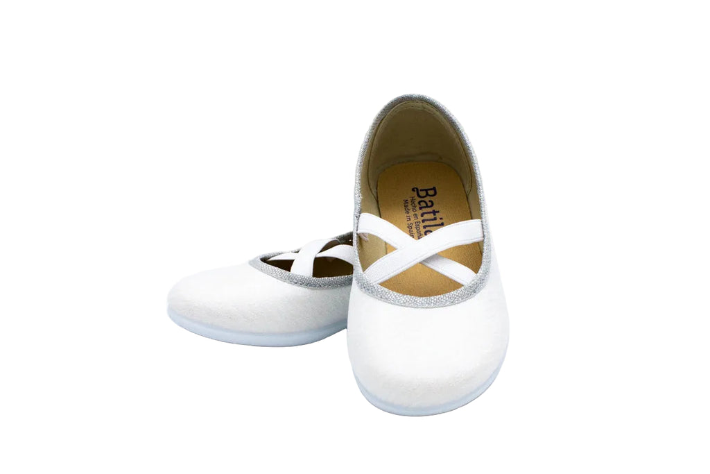 Ballerine in cotone con elastico incrociato bianco argento