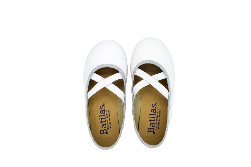 Ballerine in cotone con elastico incrociato bianco argento