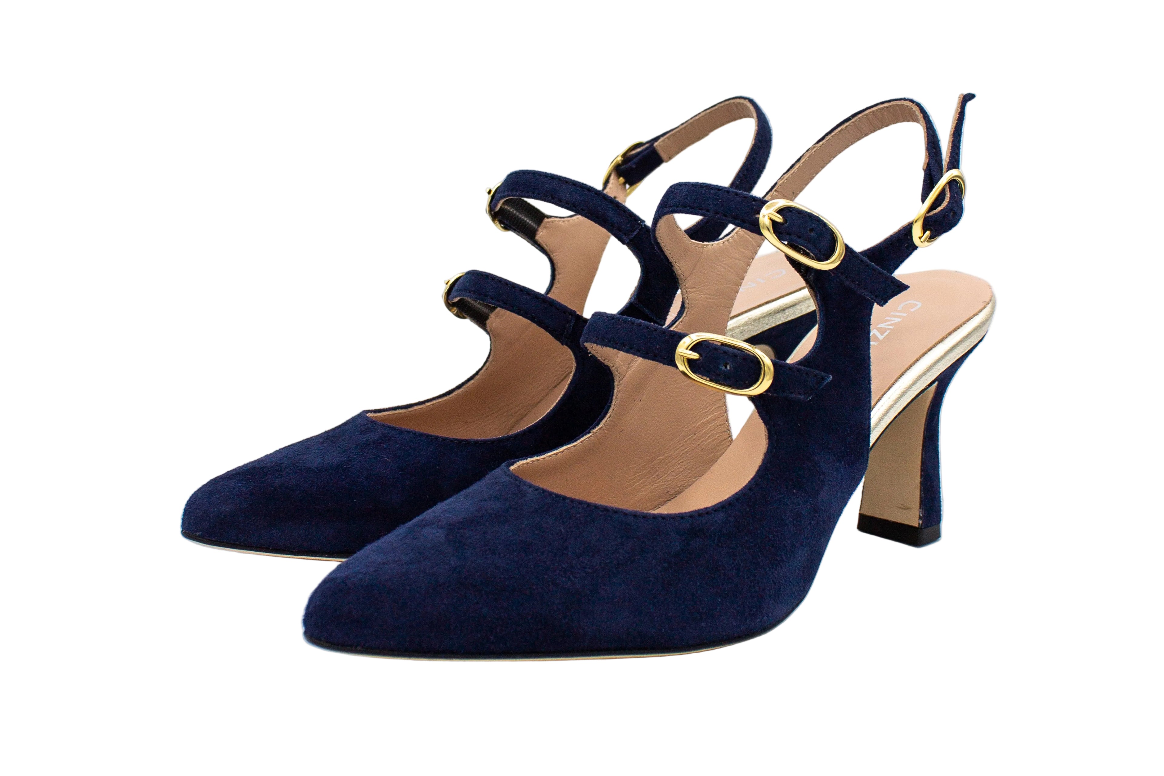 Blue suede slingback with 7 cm heel