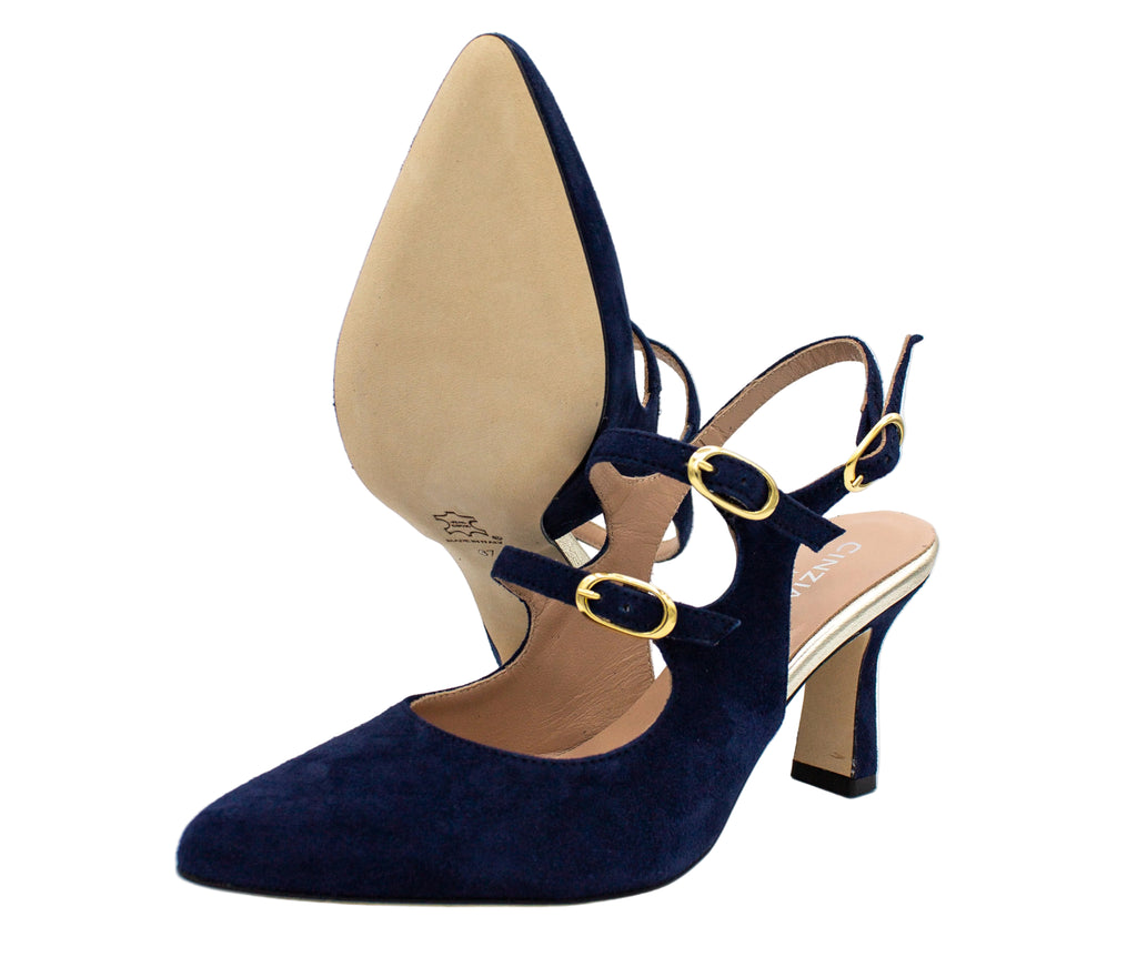 Blue suede slingback with 7 cm heel