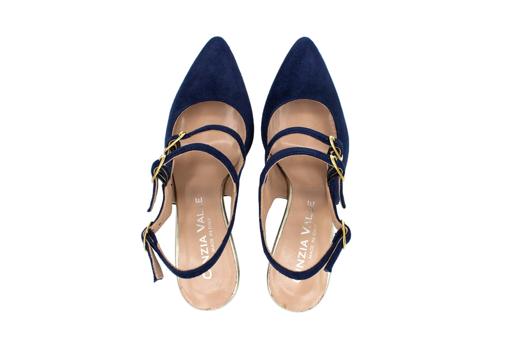 Blue suede slingback with 7 cm heel