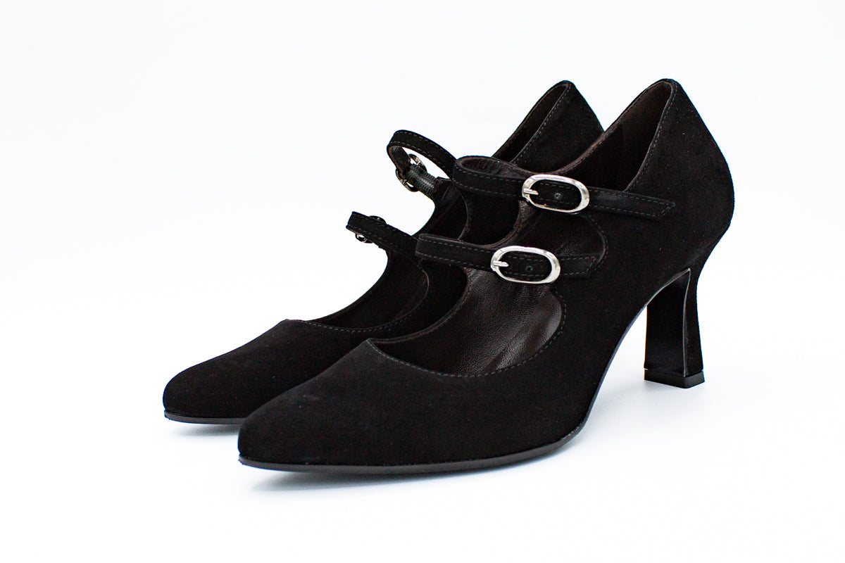Black suede pump with two straps