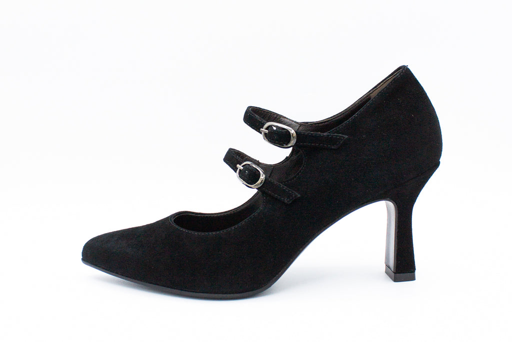 Black suede pump with two straps