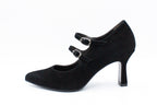 Black suede pump with two straps