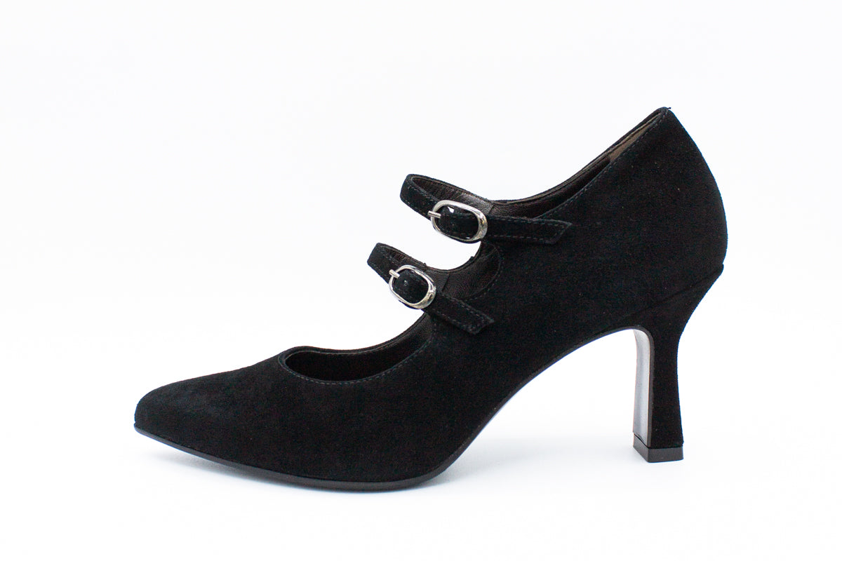 Black suede pump with two straps