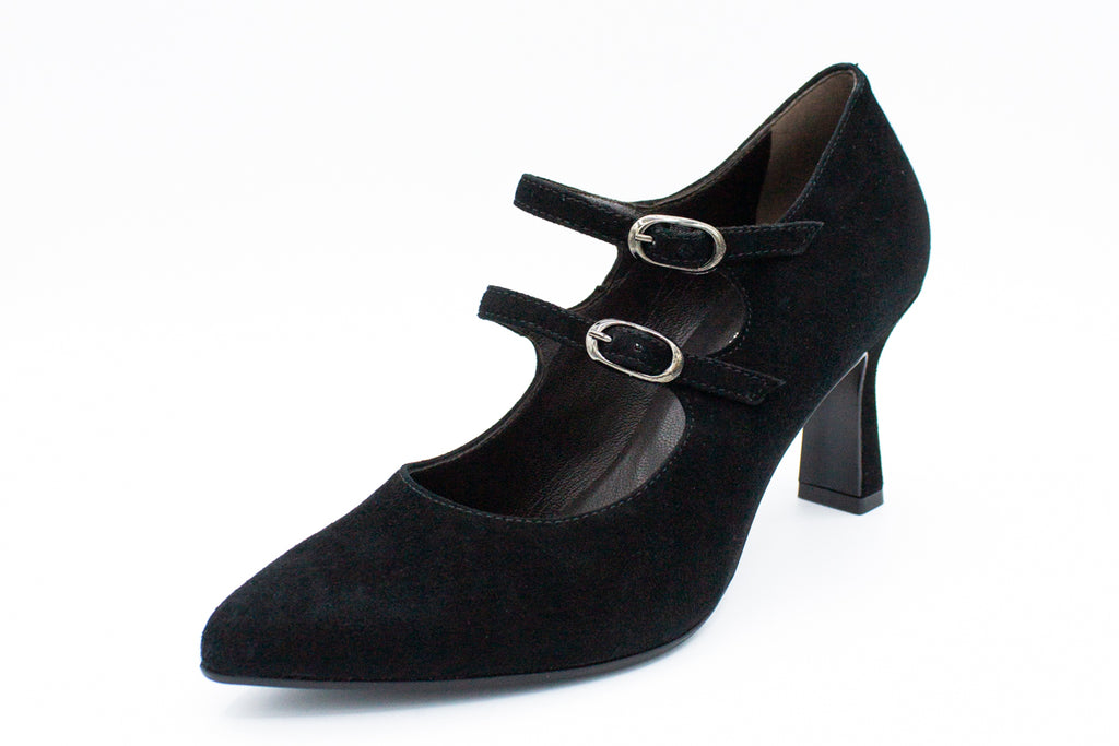 Black suede pump with two straps