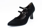 Black suede pump with two straps