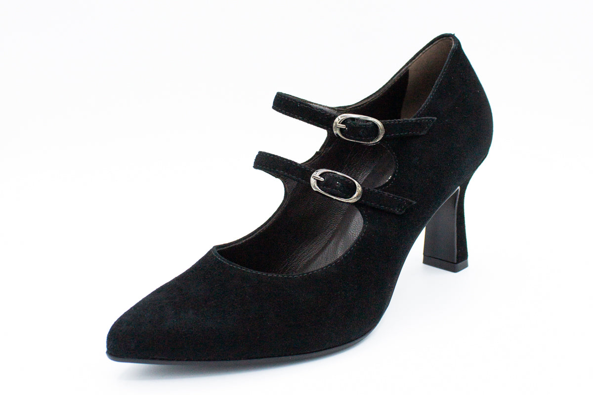 Black suede pump with two straps