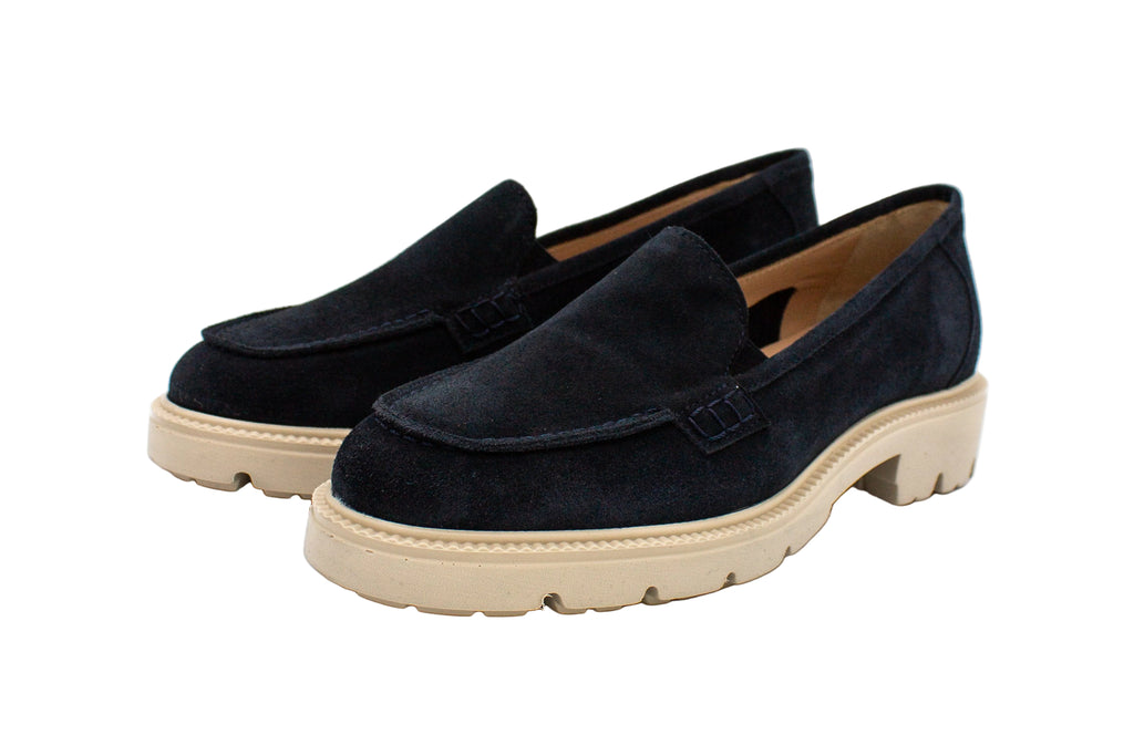 Blue suede loafers with chunky sole