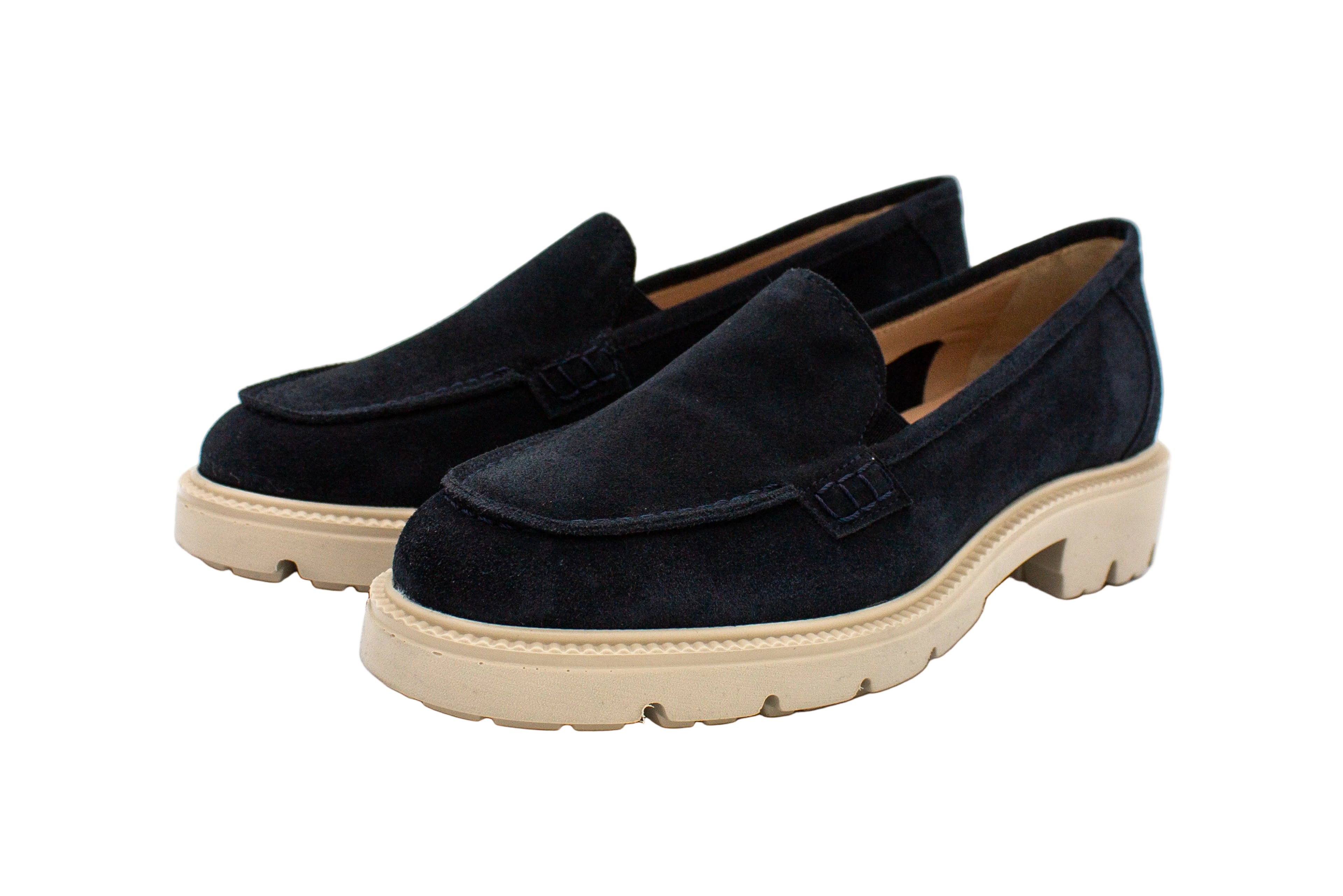 Blue suede loafers with chunky sole