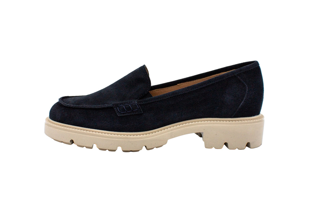 Blue suede loafers with chunky sole