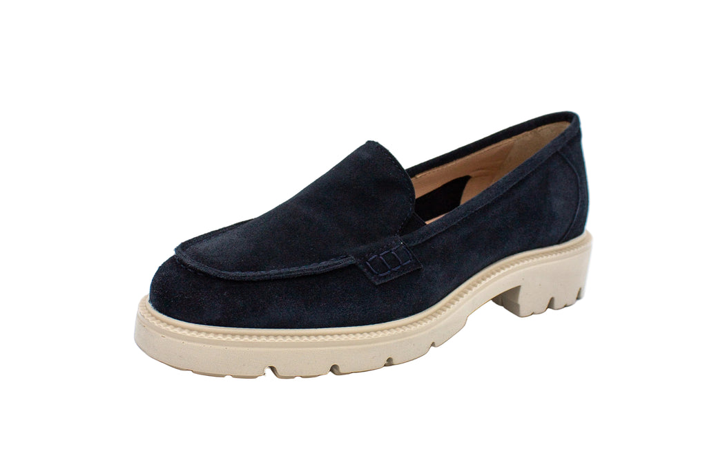 Blue suede loafers with chunky sole