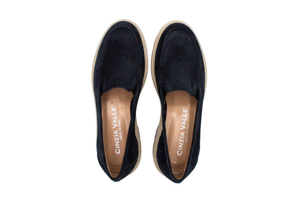Blue suede loafers with chunky sole