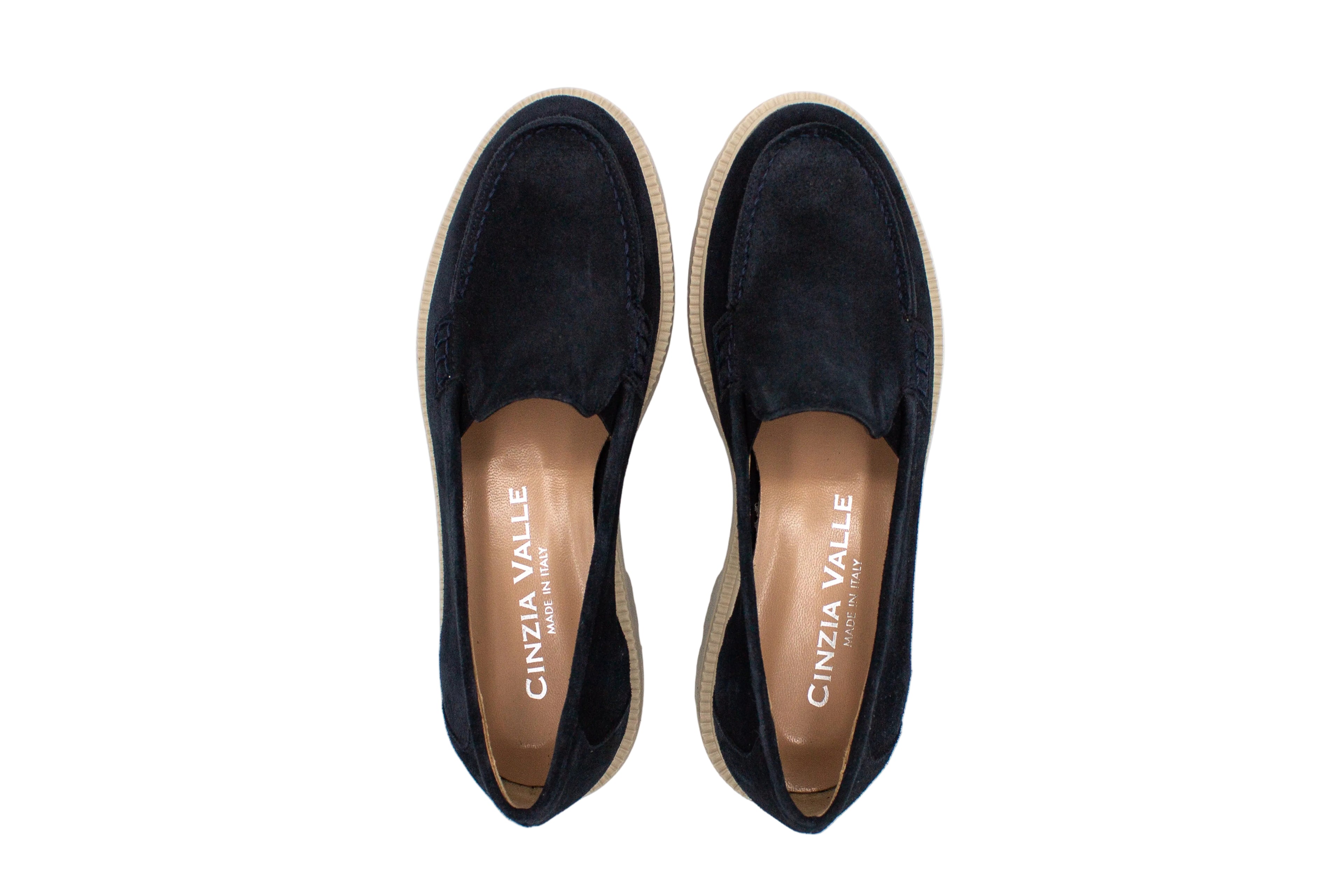 Blue suede loafers with chunky sole