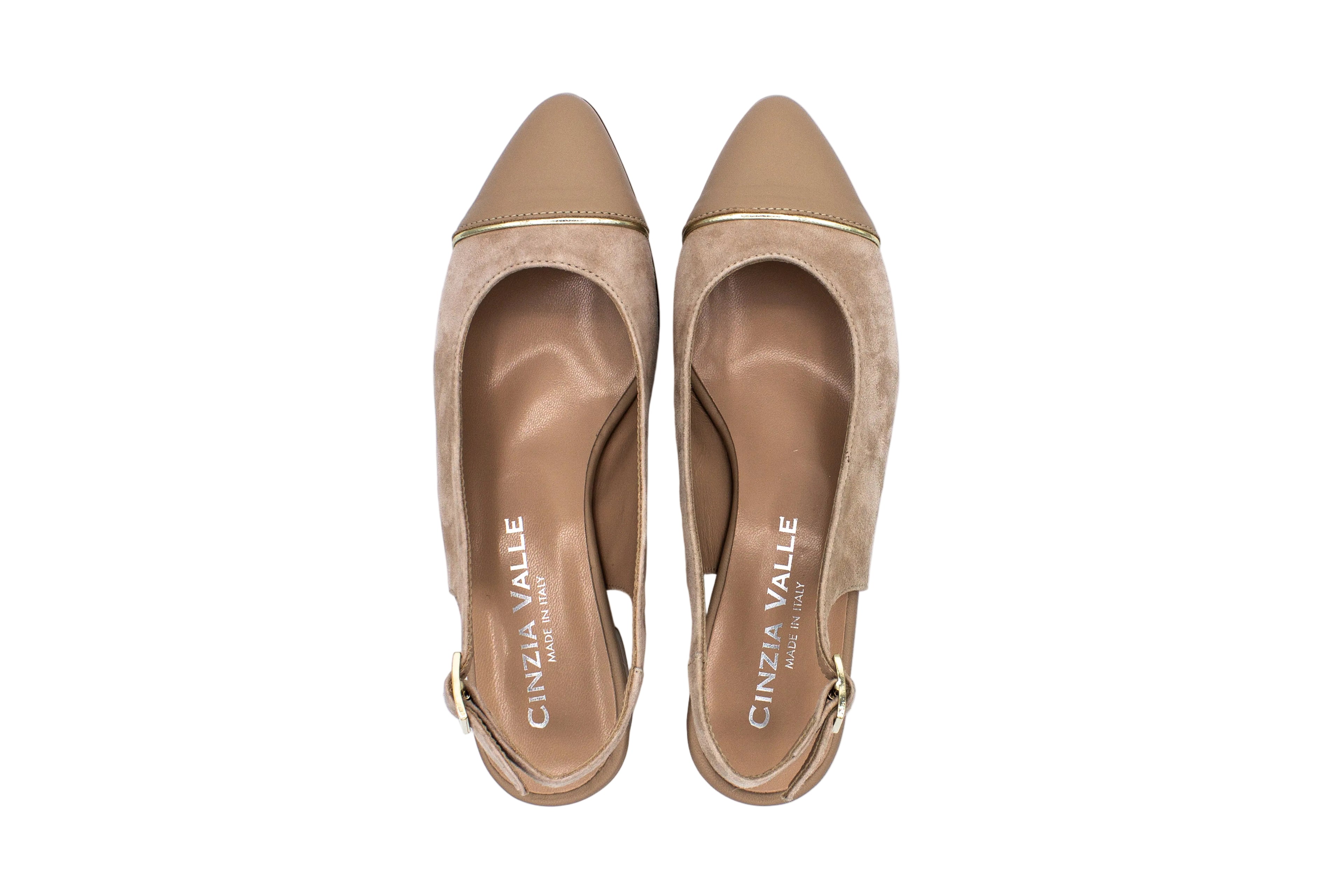 Beige suede slingback with leather toe
