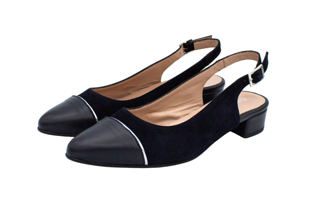 Blue suede slingback with leather toe
