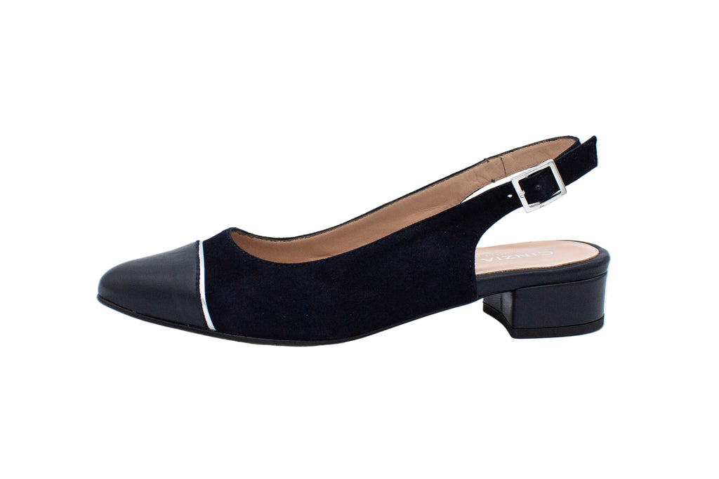 Blue suede slingback with leather toe