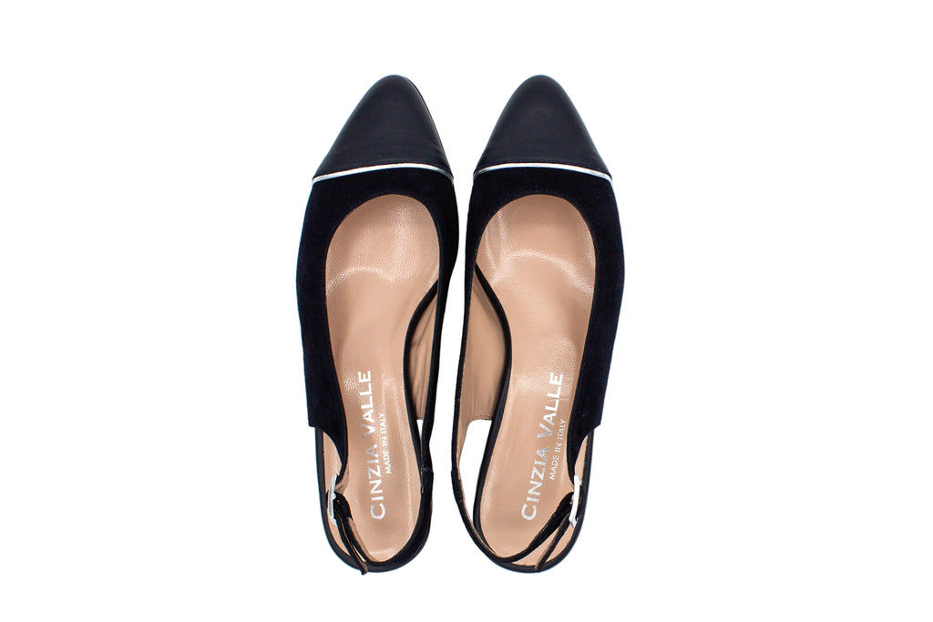 Blue suede slingback with leather toe
