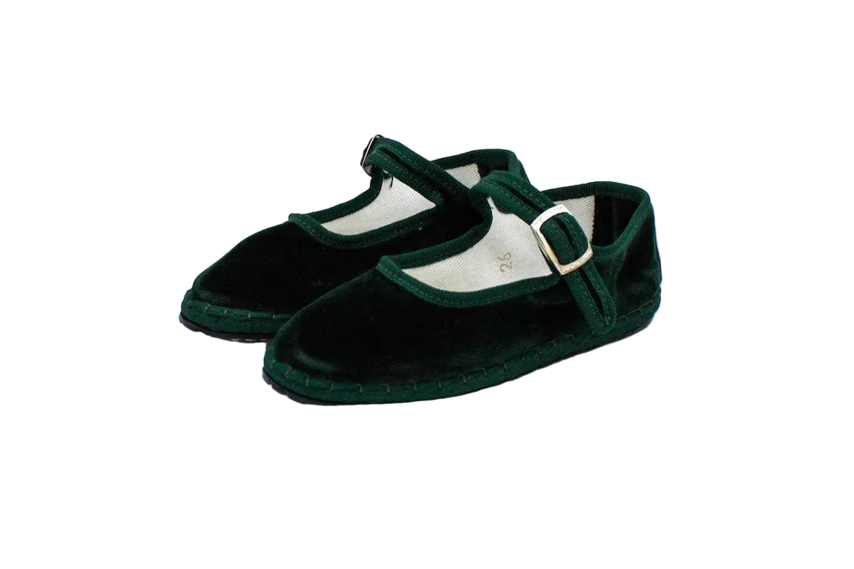 Children's bottle green velvet Friulane with strap