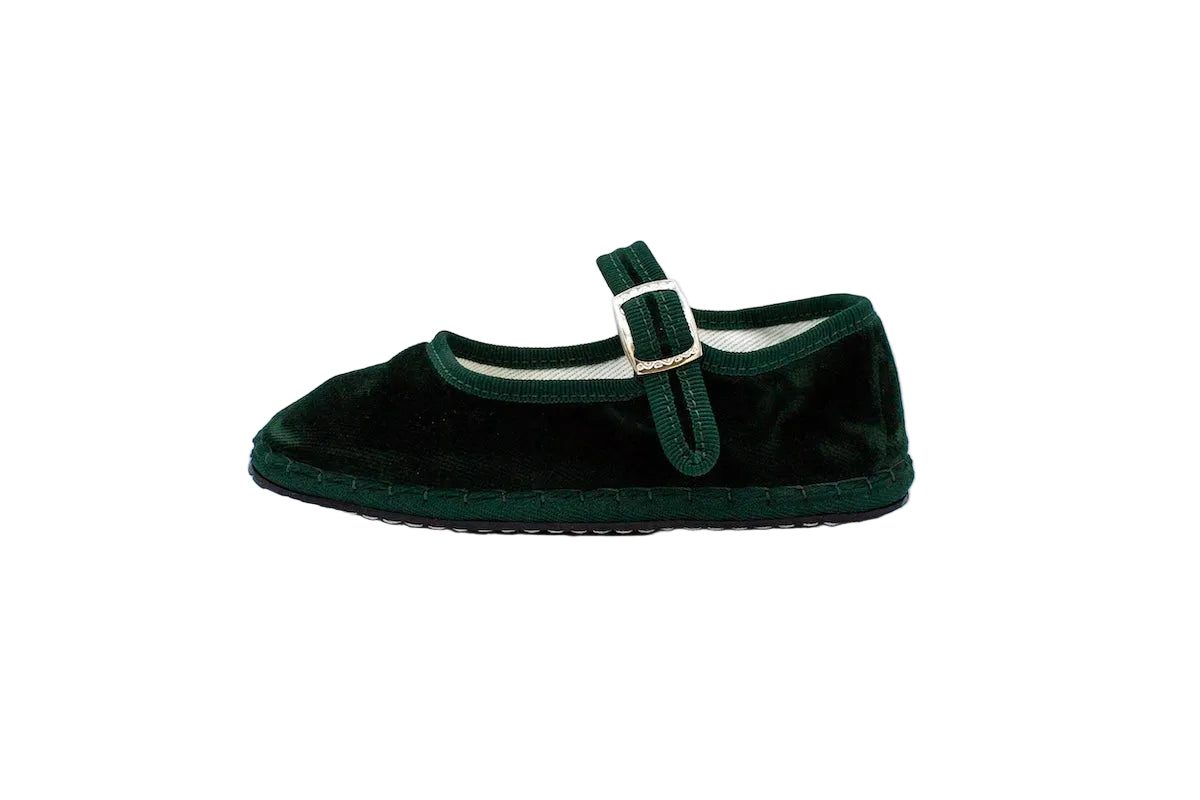 Children's bottle green velvet Friulane with strap
