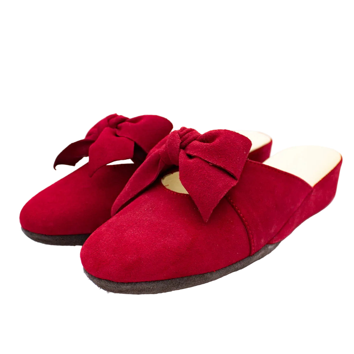 Pantofola in camoscio con fiocco rosso