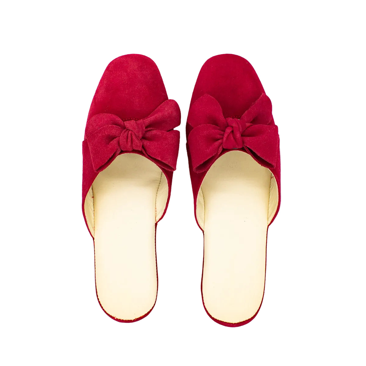 Pantofola in camoscio con fiocco rosso