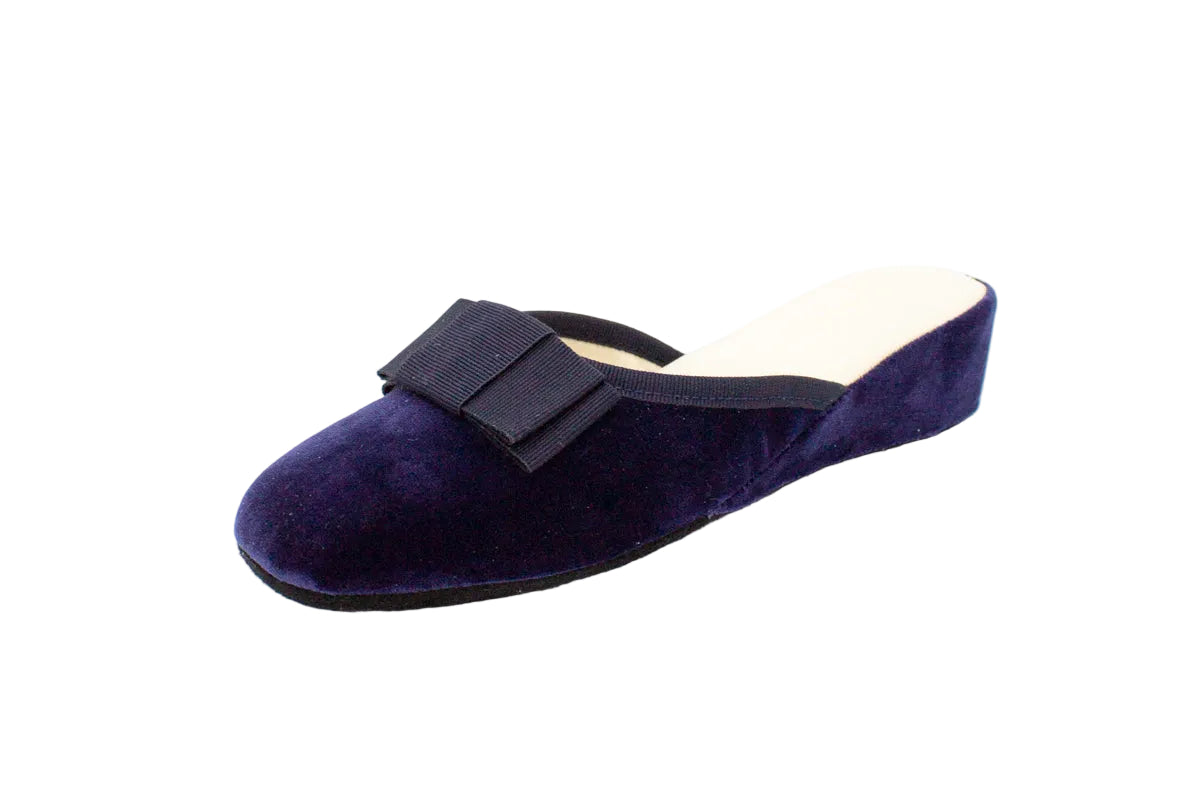 Pantofole con zeppa in velluto blu con fiocco