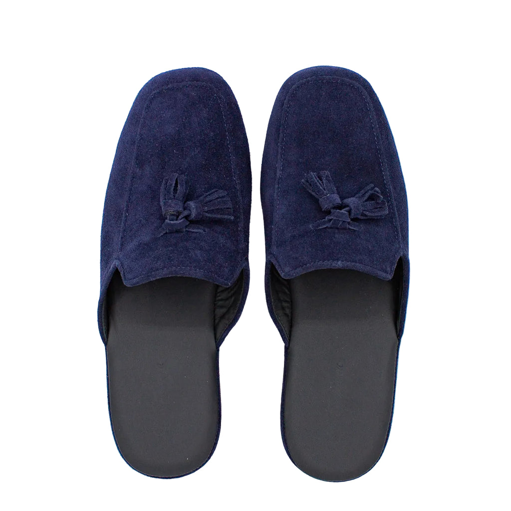 Ciabatte uomo camoscio blu con nappine