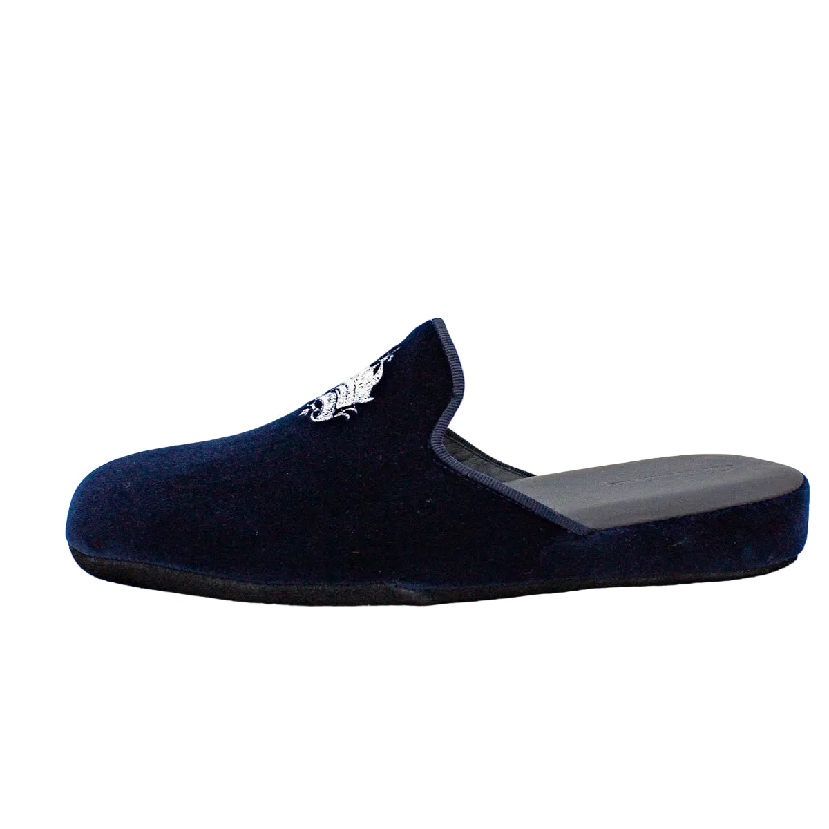 Ciabatte da uomo in velluto blu con stemma