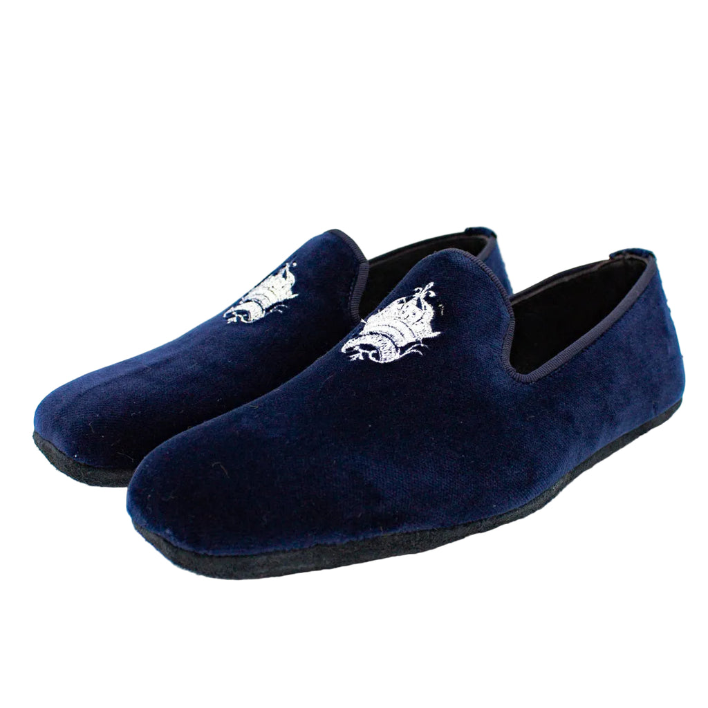 Pantofole chiuse uomo velluto blu con stemma piatte