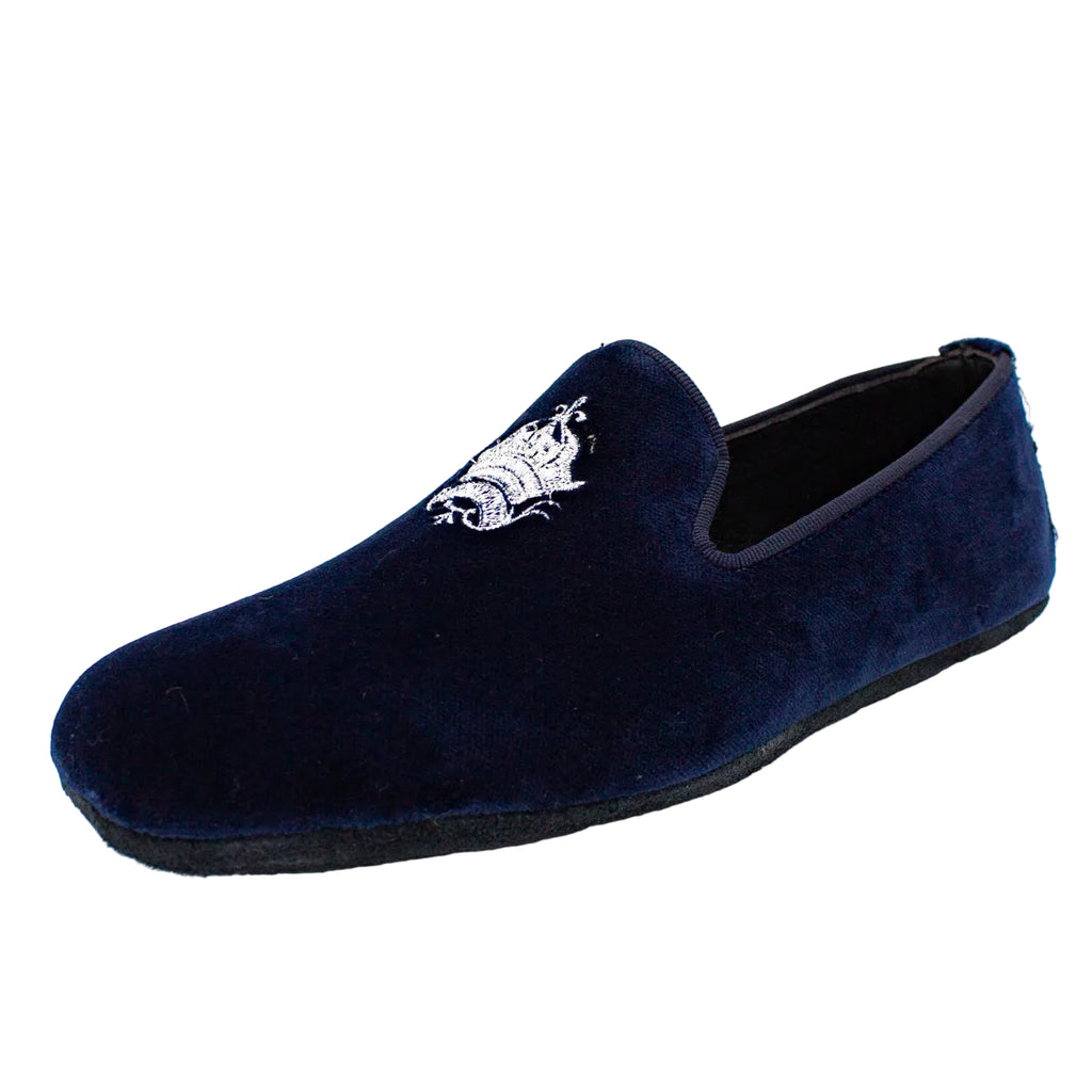 Pantofole chiuse uomo velluto blu con stemma piatte