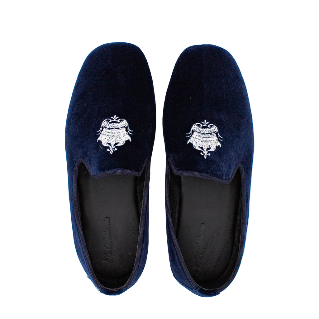 Pantofole chiuse uomo velluto blu con stemma piatte