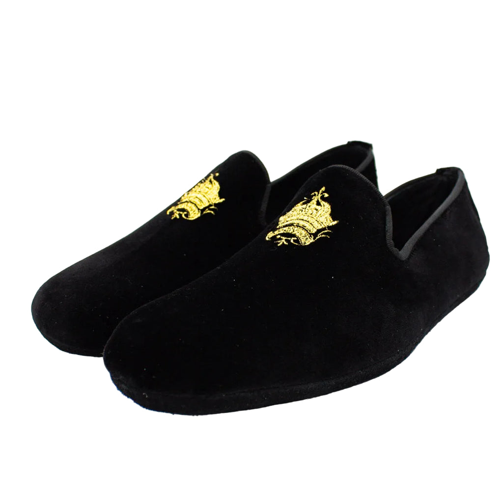 Pantofole chiuse uomo velluto nero con stemma piatte