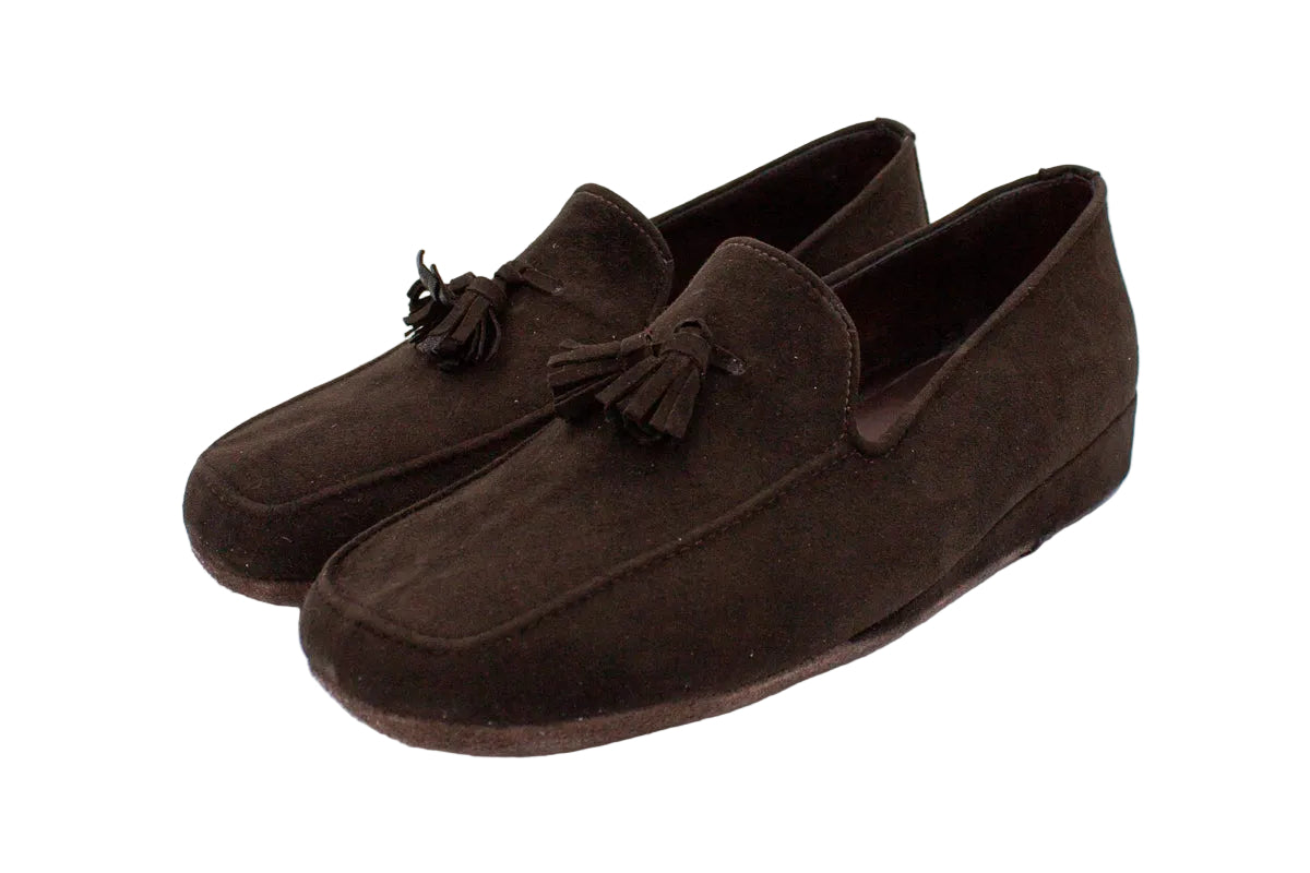 Pantofole da uomo con nappine in camoscio  marrone