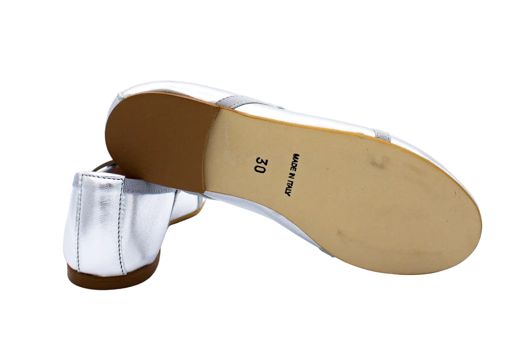Silver leather ballet flats with crossed elastics